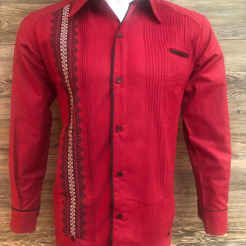 Mens Mexican Guayabera Dress Shirt Linen Red Maroon Long Sleeve Embroidery